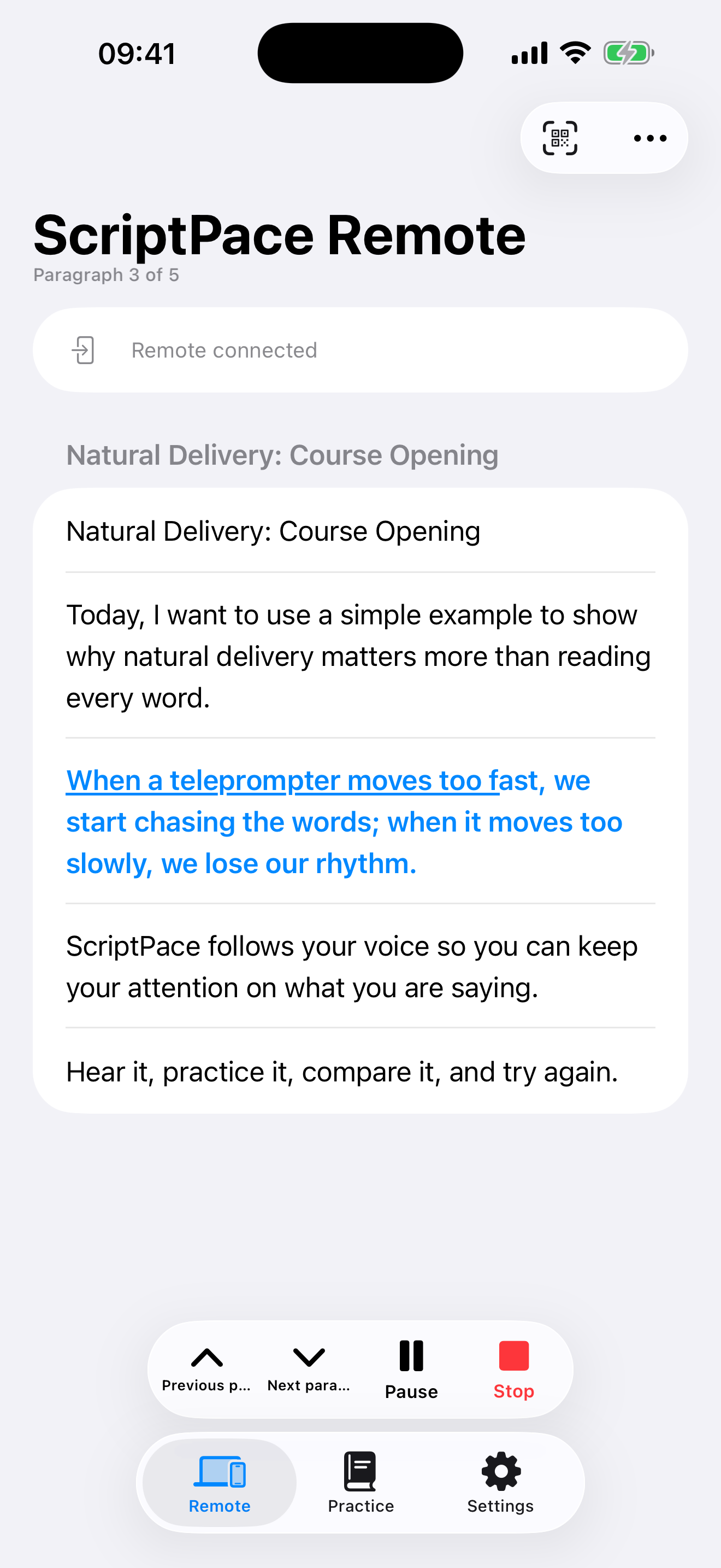 iPhone Remote showing the same English script at paragraph 3 of 5 and connected to Mac