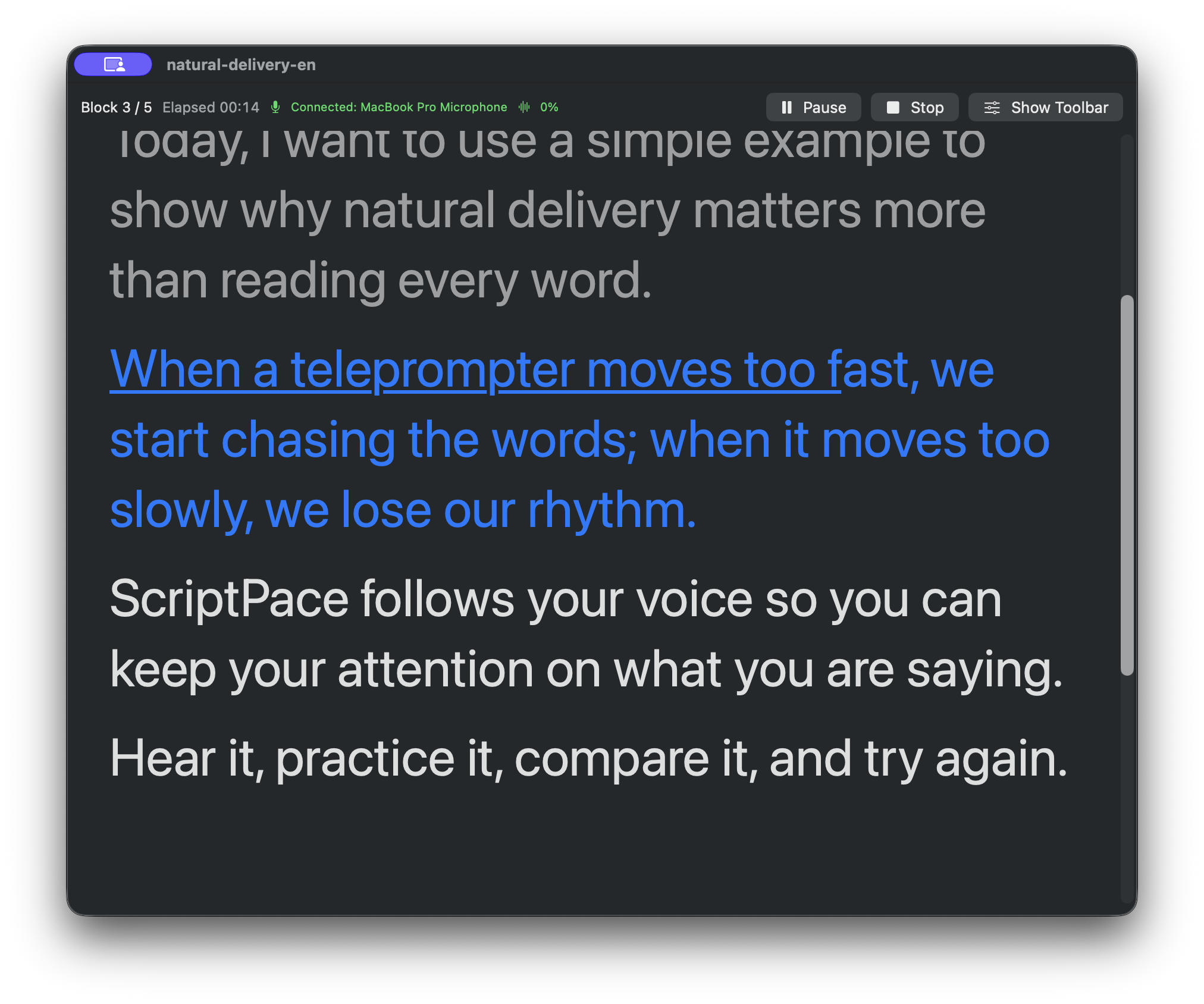 Mac teleprompter showing the English script at paragraph 3 of 5 with Voice Follow active
