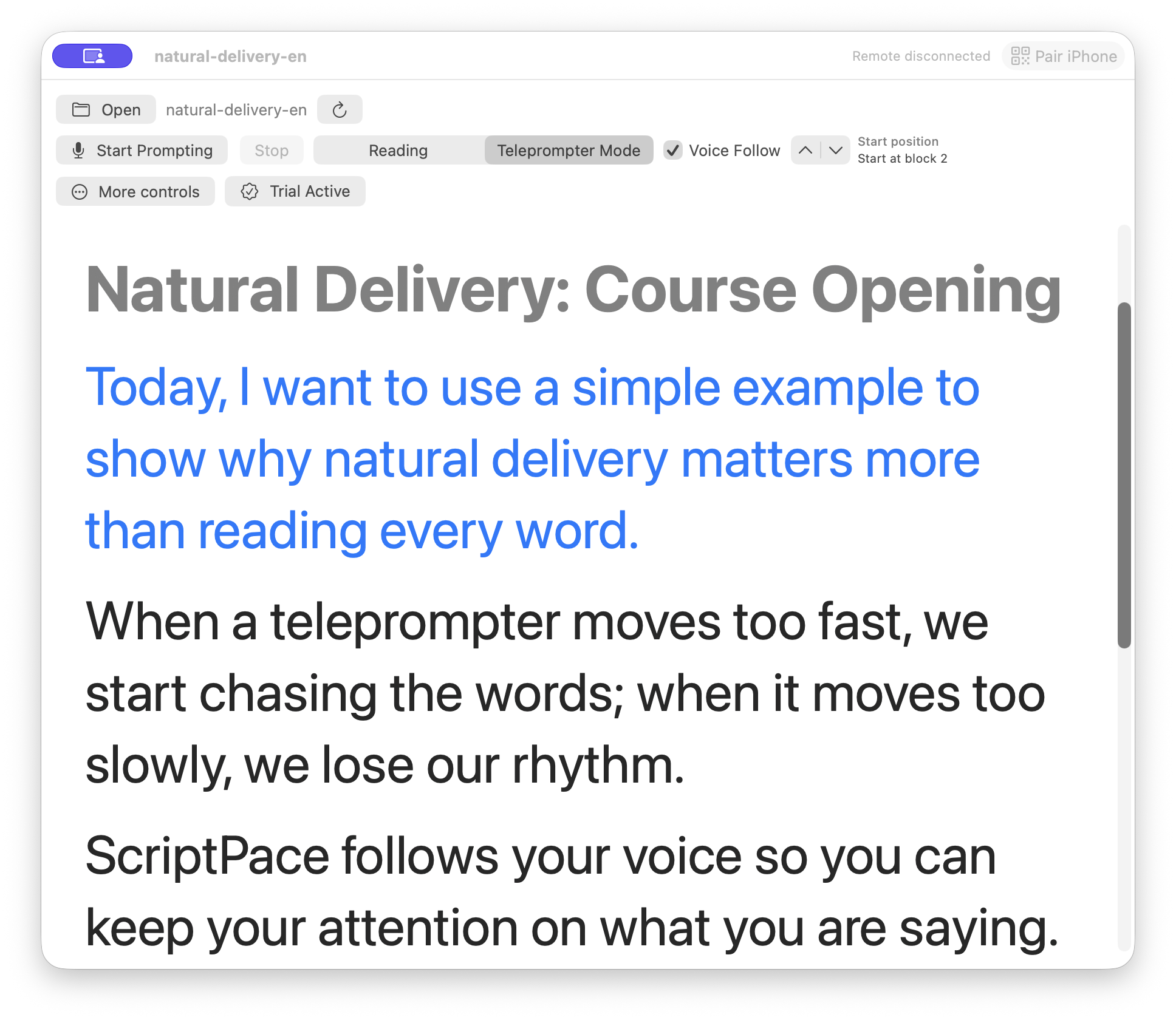 ScriptPace teleprompter showing an English script on Mac